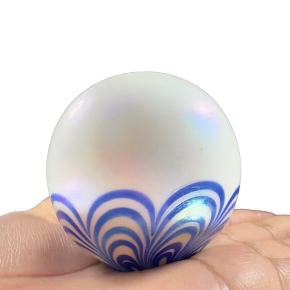 Vintage Art Glass Paperweight Round Orb White Iridescent With Blue Swirls Lines